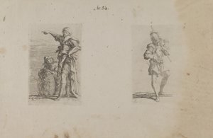 (Beeldjesreeks) Twee mannen, één naar links wijzend, de ander knielend