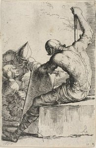 Een krijger, zittend op een voorgrondblok, houdt een schild en staf vast en draait zich om naar twee krijgers achter hem, uit de Figurine-serie door Salvator Rosa