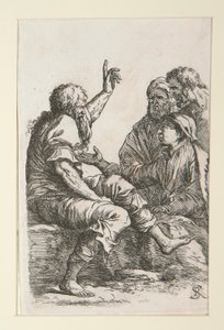 Een oude man praat met drie mannen door Salvator Rosa