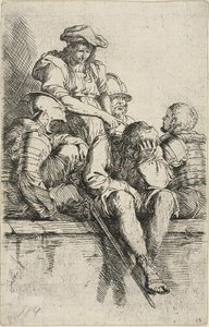 Vier krijgers en een staande jongeman, die naar een van hen wijst, uit de Figurine serie door Salvator Rosa