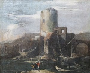 Landschap met ruïnes door Salvator Rosa