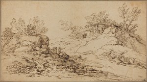 Rotsachtig landschap met een rustiek huis