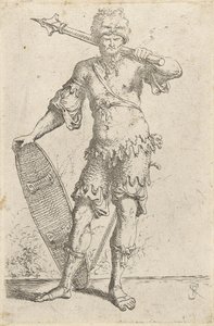 Staande exotische krijger met leeuwenkopmuts, met knots en schild, ca. 1656-57 door Salvator Rosa