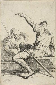Twee Krijgers Zittend op Lage Rotsen door Salvator Rosa