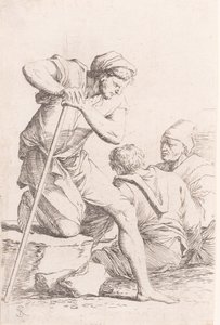 Twee mannen zittend en een andere man met een staf knielend op een rots, uit de serie, ca. 1656-1657 door Salvator Rosa