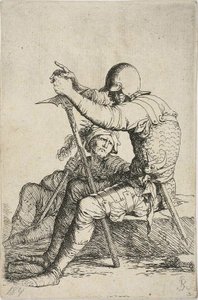 Twee krijgers, een zittend op een lage voorgrond rots en een oorlogshamer vasthoudend; de andere figuur zittend op de grond achter hem, een knots over zijn rechter schouder houdend en omhoog kijkend naar de voorgrond figuur, uit de Figurine serie