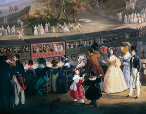 Ferdinand II in de trein tijdens de eerste reis van de spoorweg Napels-Portici, 4 oktober