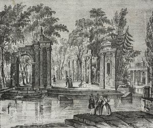 Amfitheater op eiland in Lazienki Park, Warschau, Polen, lithografie door Salvatore Puglia uit Poliorama Pittoresco, nr. 51, 30 juli door Salvatore Puglia