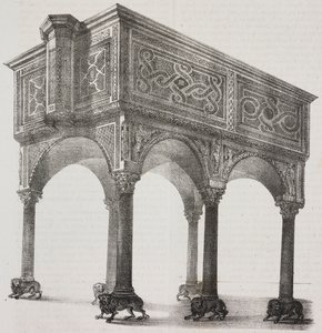 Oude ambo in de kathedraal van Sessa Aurunca, Campania, Italië, lithografie door Salvatore Puglia naar een tekening van Pasquale Mattei (1813-1879) uit Poliorama Pittoresco, nr. 43, 31 mei