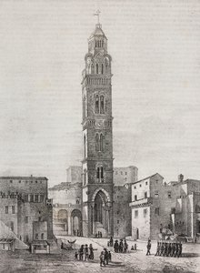 Klokkentoren van de kathedraal van Gaeta, Lazio, Italië, lithografie door Salvatore Puglia naar een tekening van Pasquale Mattei (1813-1879), uit Poliorama Pittoresco, nr. 48, 6 juli