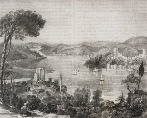 Bosphorus kastelen aan de kusten van Azië en Europa, Turkije, lithografie door Gaetano Riccio uit Poliorama Pittoresco, nr. 18, 9 december