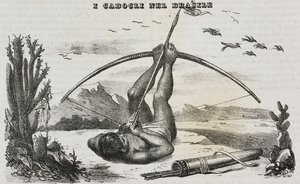 Caboclo man met bogen en pijlen, Brazilië. Lithografie door Salvatore Puglia uit Poliorama Pittoresco