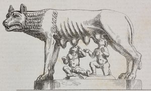Capitolijnse wolvin, bronzen beeld, Rome, Lazio, Italië, lithografie uit Poliorama Pittoresco, nr. 25, 25 januari door Salvatore Puglia