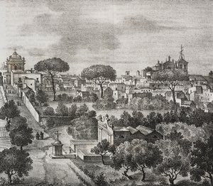 Oostelijk zicht op Mesagne, Apulië, Italië. Lithografie door Salvatore Puglia uit Poliorama Pittoresco door Salvatore Puglia
