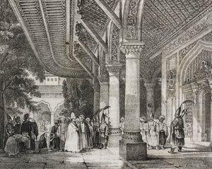 Inkomhal van Serraglio, Turkije, uit het verhaal harem in het Oosten, lithografie uit Poliorama Pittoresco, nr. 12, 28 oktober door Salvatore Puglia