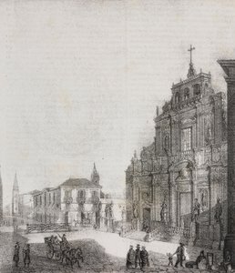 Voorgevel van de Basiliek van San Sebastiano in Acireale, Sicilië, Italië. Lithografie door Salvatore Puglia uit Poliorama Pittoresco door Salvatore Puglia