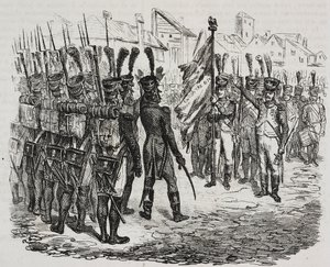 Vlag van het 84e regiment, lithografie door Salvatore Puglia uit Geschiedenis van Napoleon door Cesare Malpica, uit Poliorama Pittoresco, nr. 16, 25 november