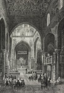 Interieur van de Palatijnse Kapel in Palazzo dei Normanni of Koninklijk Paleis in Palermo, Sicilië, Italië, lithografie door Salvatore Puglia uit Poliorama Pittoresco, nr. 41, 21 mei