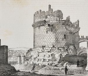 Mausoleum van Cecilia Metella aan de Via Appia, Rome, Lazio, Italië, lithografie door Salvatore Puglia uit Poliorama Pittoresco, nr. 20, 21 december door Salvatore Puglia