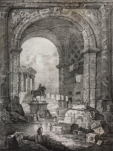 Romeinse ruïnes, schilderij door Hubert Robert. Lithografie door Salvatore Puglia uit Poliorama Pittoresco door Salvatore Puglia