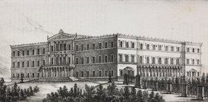 Koninklijk Paleis in Athene, Griekenland, lithografie door Salvatore Puglia uit Poliorama Pittoresco, nr. 5, 9 september door Salvatore Puglia
