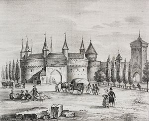 Sint-Floriaanspoort, Krakau, Polen, lithografie door Salvatore Puglia uit Poliorama Pittoresco, nr. 22, 4 januari door Salvatore Puglia