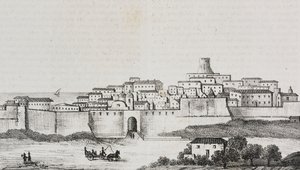 Zicht op Crotone, Calabrië, Italië. Lithografie door Salvatore Puglia uit Poliorama Pittoresco