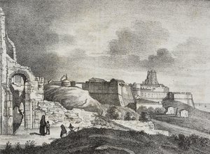 Uitzicht op Crotone, Calabrië, Italië, lithografie uit Poliorama Pittoresco, nr. 51, 29 juli