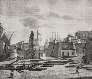 Zicht op de haven van Livorno, Toscane, Italië. Lithografie door Salvatore Puglia uit Poliorama Pittoresco door Salvatore Puglia