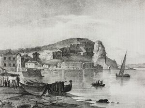 Uitzicht op Terracina, Lazio, Italië, lithografie door Salvatore Puglia uit Poliorama Pittoresco, nr. 22, 8 januari