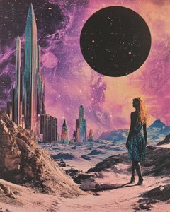 Vrouw in een kosmisch stadslandschap door Samantha Hearn