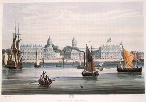 Greenwich Hospital, gegraveerd door R.G. Reeve 1828 (gekleurde gravure)