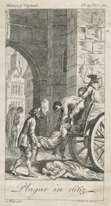 Verzamelen van pestslachtoffers, Holywell Lane, Shoreditch, Londen, VK (gravure) door Samuel (after) Wale