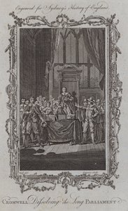Cromwell ontbindt het Lange Parlement (gravure)