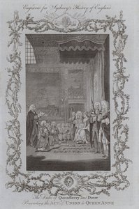 De hertog van Queensberry en Dover presenteert de Act of Union aan koningin Anne (gravure) door Samuel (after) Wale