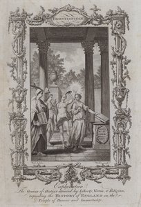 De Geest van de Geschiedenis vergezeld door Vrijheid, Deugd en Religie, die de Geschiedenis van Engeland in de Tempel van Eer en Onsterfelijkheid plaatst door Samuel (after) Wale