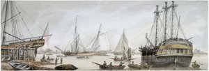 Een Indiaman-schip gereed voor reparaties op de Theems, met een beschrijving van de gewone activiteiten van de Koninklijke Scheepswerven in Deptford door Samuel Atkins