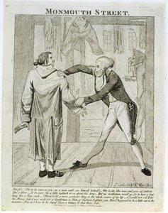 Monmouth Street, een karikatuur van een oude-kledingverkoper, gegraveerd door J. Cooke