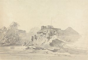 Rivierscène met inheemse gebouwen door Samuel Davis