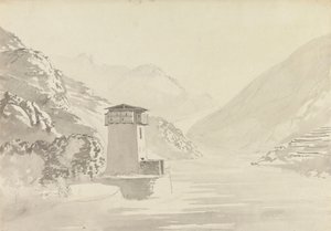 Uitzicht vanaf de Brug bij Wandepore [Wangdu Phodrang] door Samuel Davis