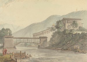 Uitzicht op Tashichoedzong, Bhutan en Voetbrug