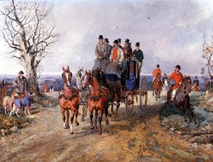 Een koets en vier paarden op de open weg door Samuel Henry Alken