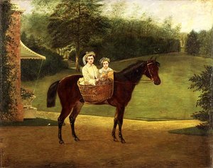 Portret van Twee Meisjes In Een Mand Op Een Pony door Samuel Henry Alken