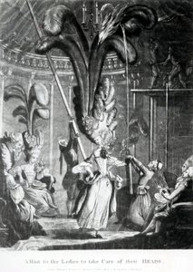 Een hint aan de dames om op hun hoofden te letten, gepubliceerd door Sayer en Bennett (1774-1786), 1776 door Samuel Hieronymous Grimm