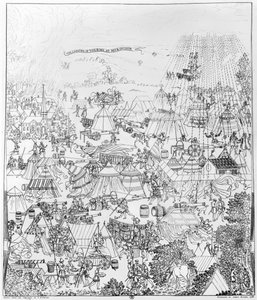Het kampement van koning Hendrik VIII in Marquison, juli 1544, geëtst door James Basire, 1788