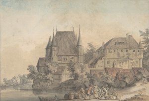 Uitzicht op een dorp langs een rivier