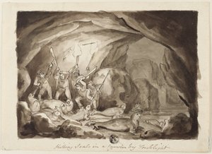 Zeehonden doden in een grot bij fakkellicht (recto); Schets van jagers en bord (verso) door Samuel Howett