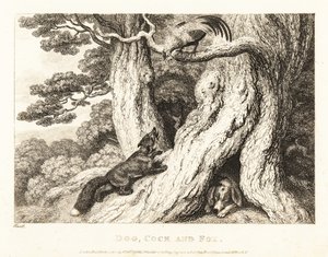 Een haan in een boom slimt een vos af, terwijl een hond slaapt. 1811 (ets)