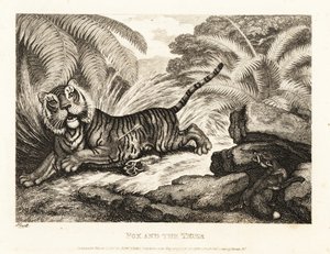 Een vos kijkt naar een gewonde tijger. 1811 (ets) door Samuel Howitt