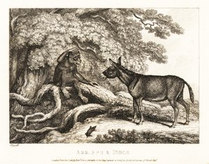 Een aap en een ezel jammeren totdat een mol hen tot zwijgen brengt. 1811 (ets)